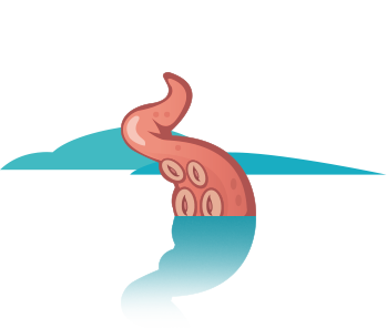 A cartoon squid tentacle popping out of some waves; above is a speech bubble with a heart inside